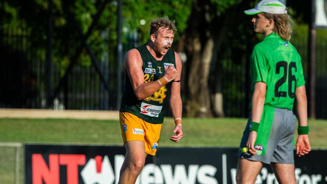 Jackson Calder celebrating a goal for St Mary's against the Tiwi Bombers in Round 6 of the 2024-25 NTFL season. Picture: Pema Tamang Pakhrin