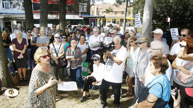 Waverley Councillor Paula Masselos speaks at the Protest Rally against proposed 36m twin towers at West Bondi Junction. Picture: John Appleyard.