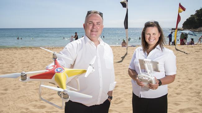 Terrigal Liberal State MP Adam Crouch and Surf Life Saving Central Coast CEO Narelle Duggan are pleased the drone will return to Avoca Beach.Picture: Troy Snook