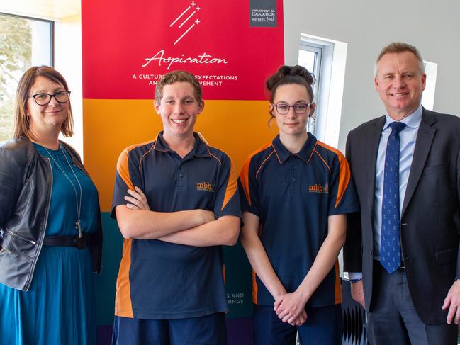 OPPORTUNITY: Montrose Bay High School principal Pieta McKay with students Jye Graham and Teeka Ransley and Minister Jeremy Rockliff.