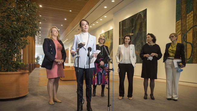 Teal independents spoke to media in Parliament House in Canberra on Wednesday, August 3. Pictured left to right are are Kylea Tink, Sophie Scamps (at microphone), Zali Steggall, Allegra Spender, Monique Ryan and Zoe Daniel. Picture: NCA NewsWire / Gary Ramage