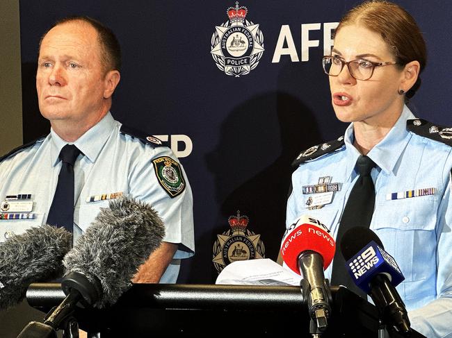 AFP Assistant Commissioner Justine Gough along with QPS Acting Assistant Commissioner Col Briggs (right and NSWPS Assistant Commissioner Michael Fitzgerald hold a press conference to talk about a former childcare worker being charged with 1623 child abuse offences against 91 children. Picture Mohammad Alfares