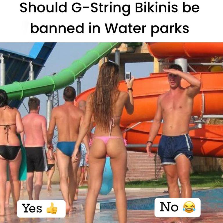 Aussies have been divided over whether or not G-string bikinis should be banned. Picture: Facebook/Meanwhile in Australia