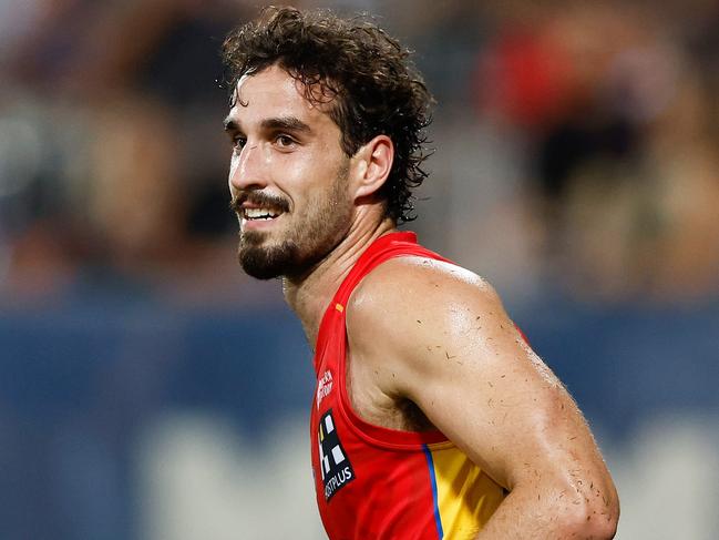 DARWIN, AUSTRALIA - MAY 16: Ben King of the Suns celebrates a goal during the 2024 AFL Round 10 match between The Gold Coast SUNS and The Geelong Cats at TIO Stadium on May 16, 2024 in Darwin, Australia. (Photo by Michael Willson/AFL Photos via Getty Images)