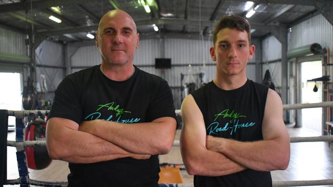 North Queensland boxing trainer Dean Poppi, owner-operator of Kingdom Gym in Ingham, with Caden “Raging Bull” Russo. Picture: Cameron Bates