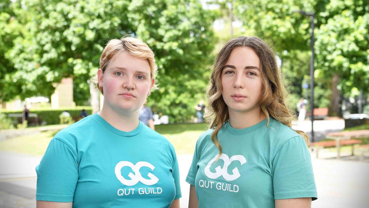 Cuts to arts degrees at QUT. Emme Muggleton President and Erin Milne Education officer are from the QUT Guild who are running a forum opposing this decision and have also started a petition. Picture: Patrick Woods.