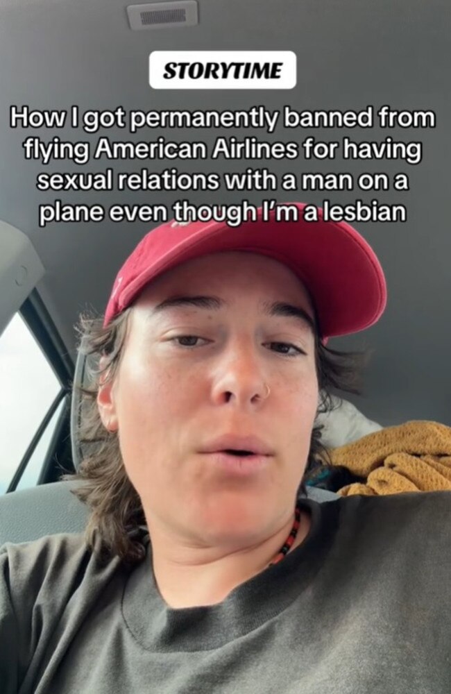 She said she was on the ‘no fly list’ because she ‘had sex with a man on an aeroplane even though I am a lesbian’. Picture: TikTok/erin_wright_