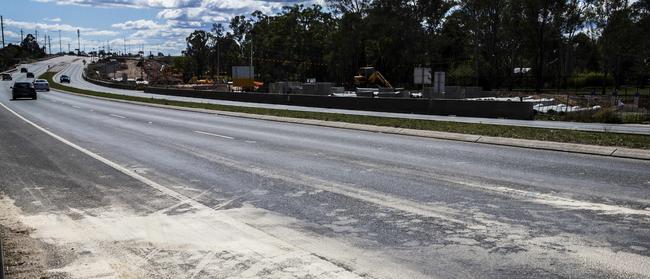 Sand covers the area of road where last night’s crash occurred. Picture: Jenny Evans