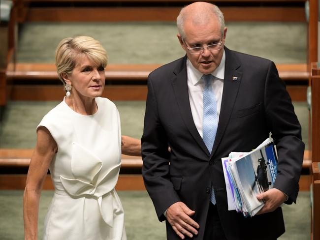 Julie Bishop and Scott Morrison during Question Time on February 21, 2019. Picture: Tracey Nearmy/Getty Images