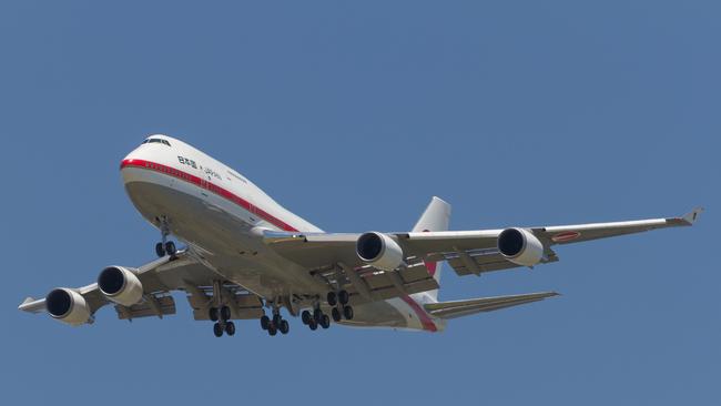 This is Japan’s version of Air Force One. The 747, seen here landing in Brisbane for the G20, is a 747-400 and the nation has two aircraft it uses for the Emperor and the Prime Minister, Shinzo Abe. The aircraft operate under the call sign Cygnus One and Cygnus Two. Picture: Courier Mail