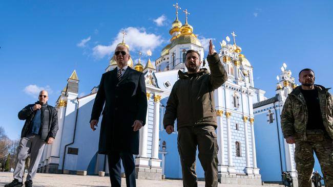 \US President Joe Biden with Ukrainian President Volodymyr Zelensky at St. Michael's Golden-Domed Cathedral during an unannounced visit to the Ukraine capital Kyiv on February 20.