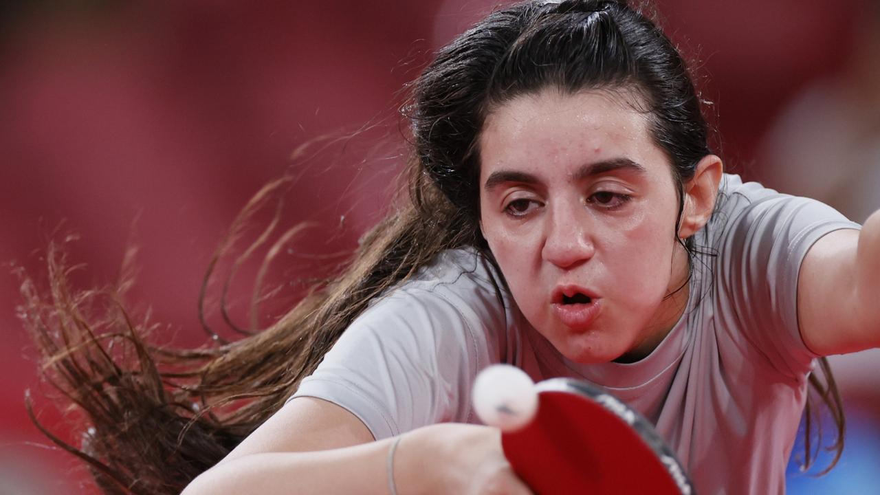 Hend Zaza in action on the table tennis floor. Picture: Getty Images