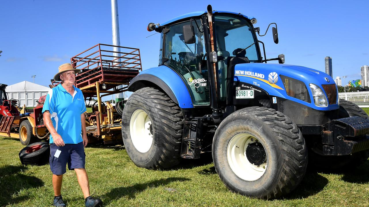 Gold Coast Turf Club race course manager Jody Rodgers with some of the equipment brought in from Sydney to repair damage on the GC race course. Sunday January 5, 2025. Picture, John Gass