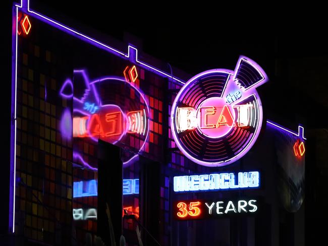 The neon signeage of the Beat Megaclub on Ann St, Fortitude Valley. Picture: AAP/David Clark