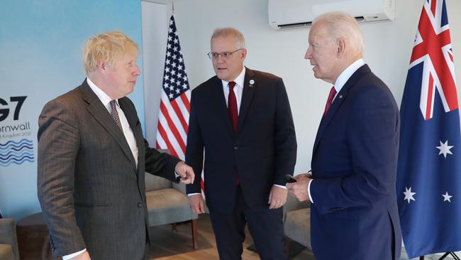 Prime Minister Scott Morrison with UK counterpart Boris Johnson and American President Joe Biden during the G7 Leaders meeting in Cornwall, England, last weekend. Picture: Adam Taylor/PMO