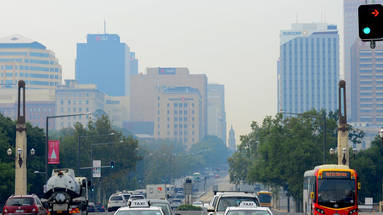 Smoke from the Adelaide Hills bushfire is seen over the CBD on Monday. Picture: AAP Image/Sam Wundke