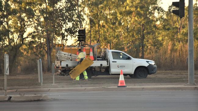 Roadblocks are packed away after police conclude investigations at the site of a fatal pedestrian crash on the Stuart Highway. July 8, 2023. Picture: Sierra Haigh