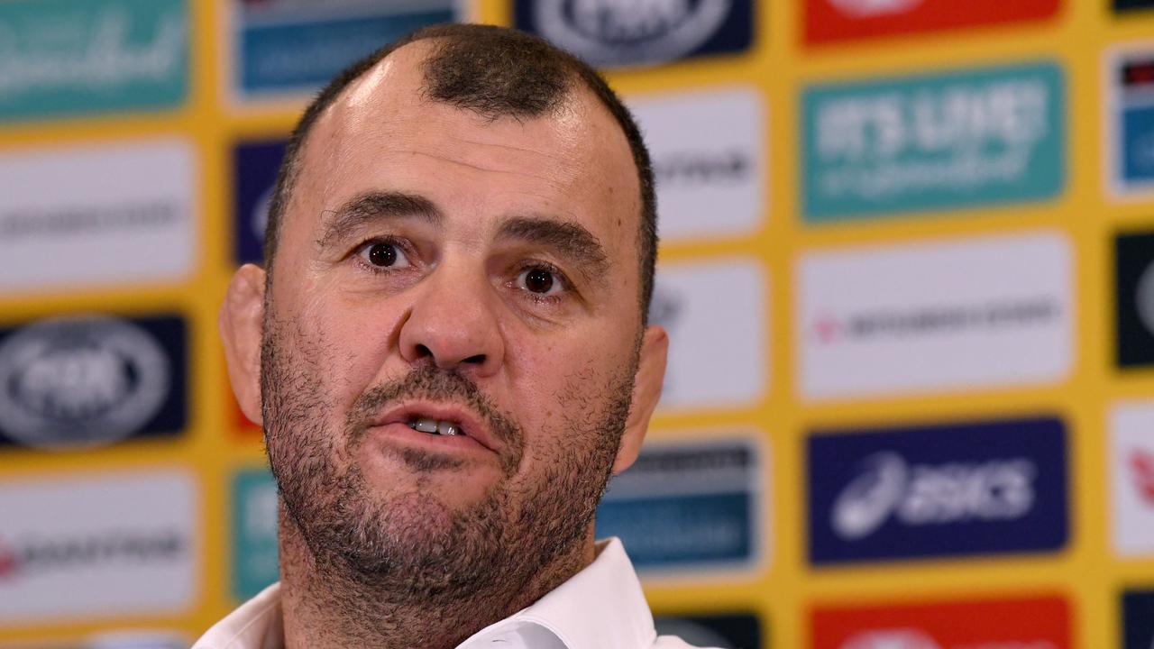 Australian coach Michael Cheika is seen during a press conference.