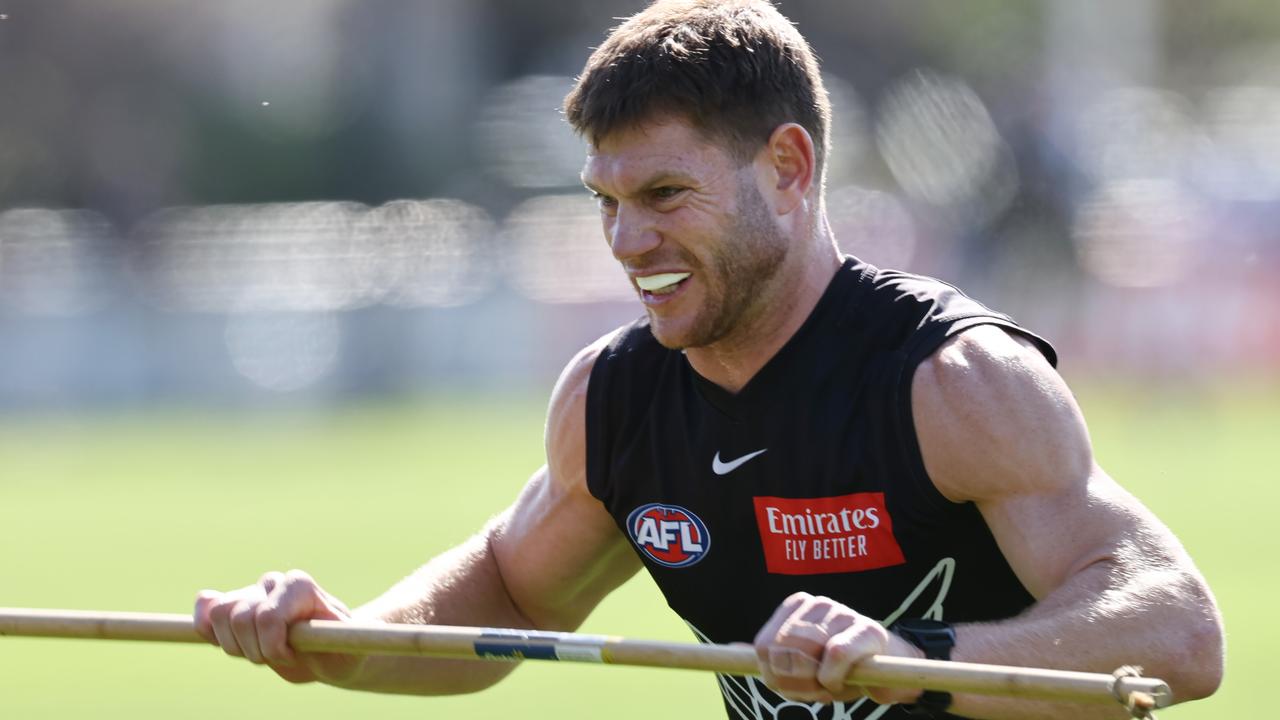 Mt Duneed born Taylor Adams trains today before appearing to re injure his hamstring during Collingwood training session at Olympic Park, Melbourne. Michael Klein.