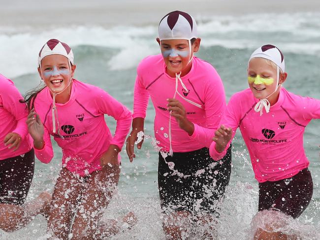 Northcliffe Nippers Mitchell Howard 8, Paddy O'Dowd 7, Faith Howard 10, Finn O'Dowd 12, Eljay Slater 10 and Jack Slater 8, wearing their beach caps at training. A Gold Coast doctor is pushing for Nipper Caps to become more sun safe. Picture Glenn Hampson