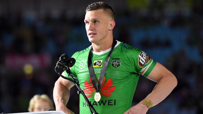 Jack Wighton of the Raiders speaks after being presented the Clive Churchill medal