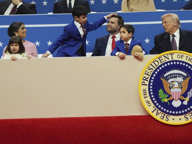 Usha Vance, second left, Vice President JD Vance, third right, their children Mirabel, from left, Ewan and Vivek, and President Donald Trump, right. Picture: AP