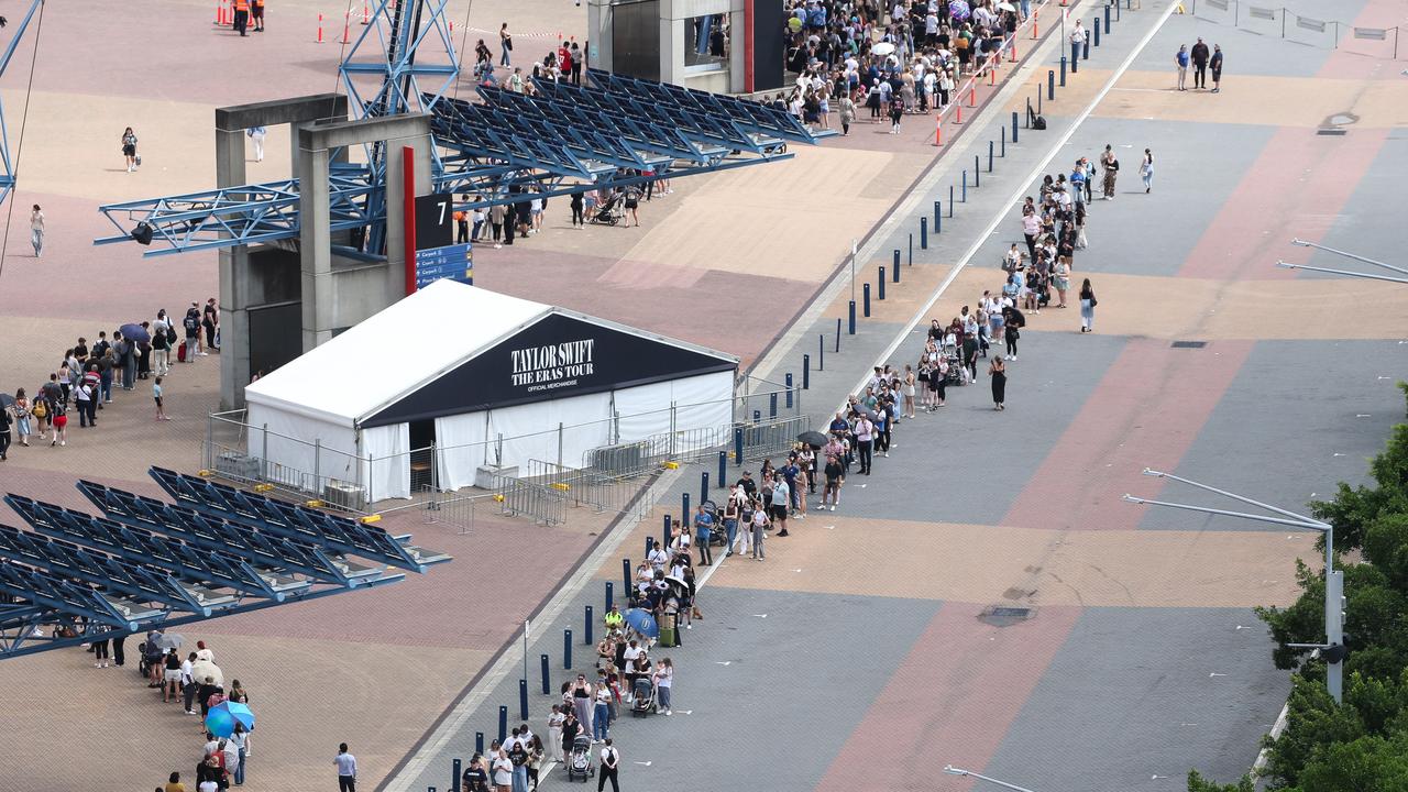 Taylor Swift fans are seen lining up for hours to get merchandise before the next concert, at Accor Stadium in Sydney. Picture: NCA NewsWire / Gaye Gerard