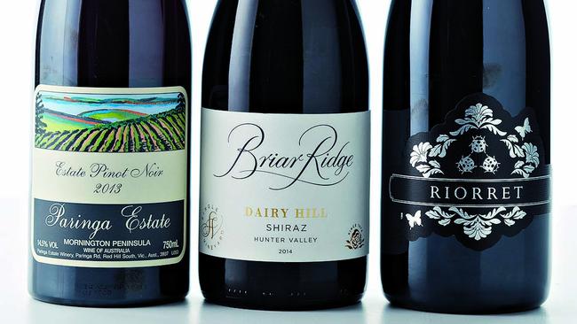 Paringa Estate Pinot Noir, Briar Ridge Vineyard Shiraz, and De Bortolli Riorret Pinot Noir. Picture: Guy Bailey