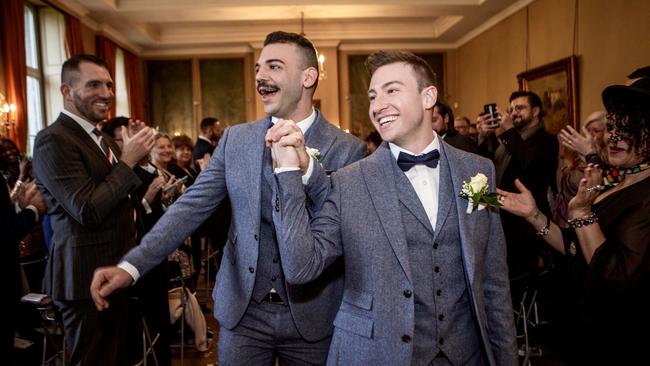 Australian diver Matthew Mitcham (right) and Luke at their wedding.