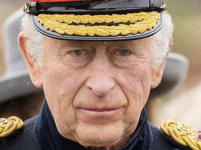 CAMBERLEY, ENGLAND - APRIL 14:  King Charles III inspects the 200th Royal Military Academy Sandhurst's Sovereign's Parade, presenting the new Colours and Sovereign's Banner to the receiving Ensigns at Royal Military Academy Sandhurst on April 14, 2023 in Camberley, England. (Photo by Mark Cuthbert/UK Press via Getty Images)