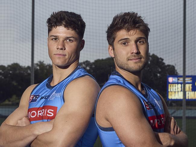 Sturt Footballers, Tom Lewis and James Battersby at Adelaide Oval, ahead of the SANFL grand final on Sunday, Wednesday, Sept. 20, 2023. Picture: Matt Loxton