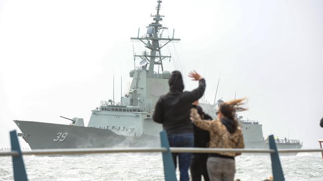 The recently completed air warfare destroyer Hobart leaves Adelaide for it's new home in Sydney, Sunday, August 6, 2017. It is the first destroyer built at Techport. (AAP Image/Brenton Edwards)