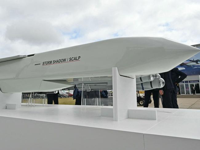 A Storm Shadow / SCALP long-range air-launched cruise missile at the Farnborough International Airshow 2024 earlier this year. Picture: AFP