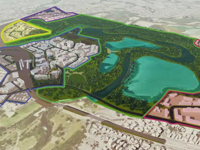 Concept designs of The Mill at Moreton Bay, showing the various districts including the Central (blue), Innovation (yellow), Urban (red), Transit (purple) and Green (green) areas.