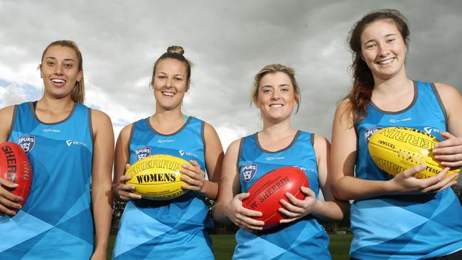 Some of the VU Western Spurs women's football players ahead of the new season at Mev Hughes oval footscray Pictured from left Alyssa Mifsud ( ex basketballer) , Jess Francke ( ex basketballer), Alex Fato ( ex basketballer) and Amanda Tessari ( ex u/18s vic football team). . Picture: Mark Wilson