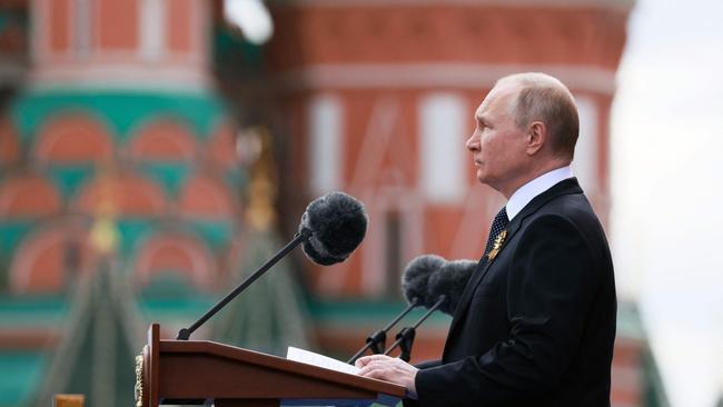 Vladimir Putin delivers his Victory Day speech in Moscow as Russia celebrates the 77th anniversary of the victory over Nazi Germany during World War II. Picture: Mikhail Metzel / Sputnik / AFP