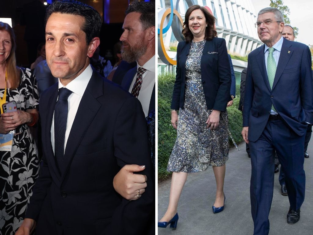 David Crisafulli, left, was on then-premier Annastacia Palaszczuk's mind during a 2019 trip to bid for the Brisbane Olympics.