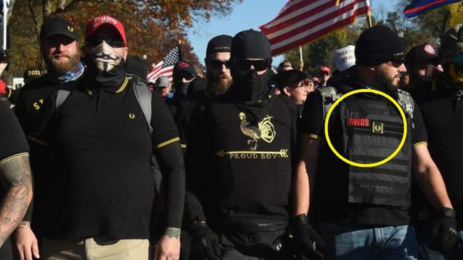 The RWDS patch on a person apparently part of the Proud Boys. There is no know link between the Proud Boys and Maurcio Garcia or the Texas shooting. (Photo by Olivier DOULIERY / AFP)