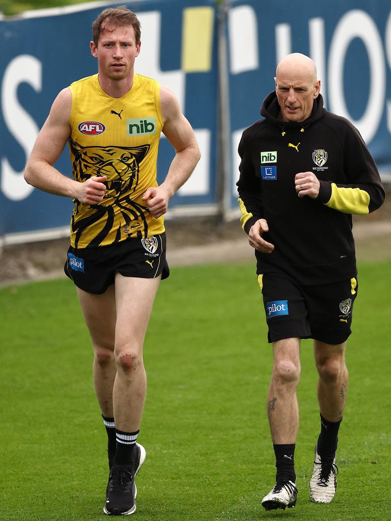 Dylan Grimes runs laps as he returns from injury. Picture: Michael Klein