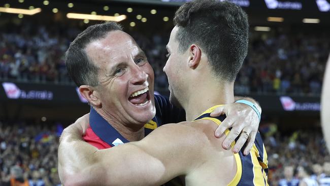 Don Pyke embraces Luke Brown after the win. Picture: Sarah Reed