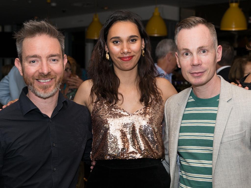 Geordie Brookman, Alira McKenzie-Williams and Corey McMahon at RBar @ Regattas for a pre-show function ahead of State Theatre Company’s opening of After Dinner. Picture: Sia Duff