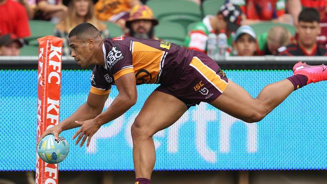 PERTH, AUSTRALIA - FEBRUARY 15: Jamayne Isaako of the Broncos crosses for a try during Day 2 of the 2020 NRL Nines between the Brisbane Broncos and the Melbourne Storm at HBF Stadium on February 15, 2020 in Perth, Australia. (Photo by Paul Kane/Getty Images)