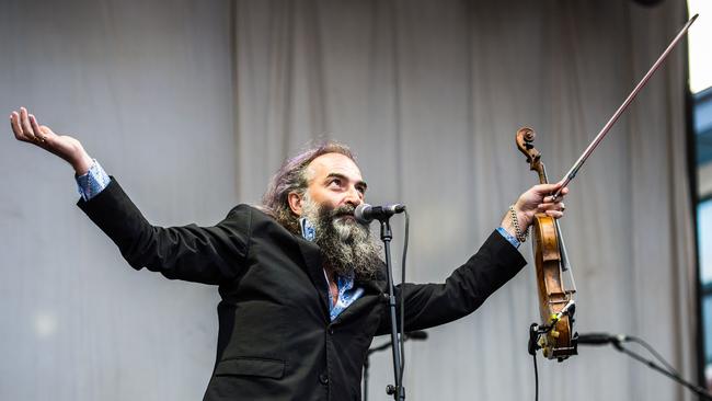 “God-like? Me?” Sugar Mountain Festival at Victorian College of the Arts, Melbourne. Dirty Three perform on the Dodds Street stage. Warren Ellis. Photo Stuart Walmsley