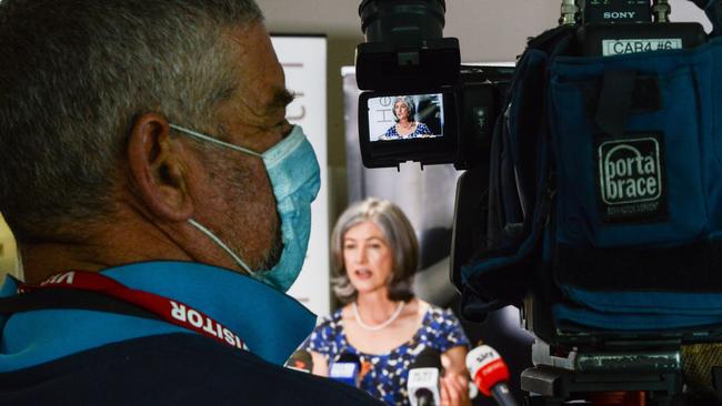 A television cameraman during a media conference at the State Administration Centre with Nicola Spurrier. Picture: NCA NewsWire / Brenton Edwards