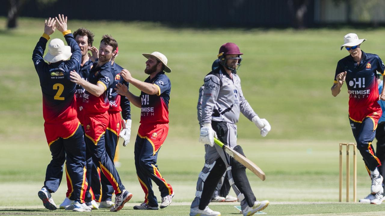 Metropolitan-Easts celebrate a dismissal of a Souths Magpies player in the Toowoomba Cricket A-Grade One-Day grand final. Picture: Kevin Farmer