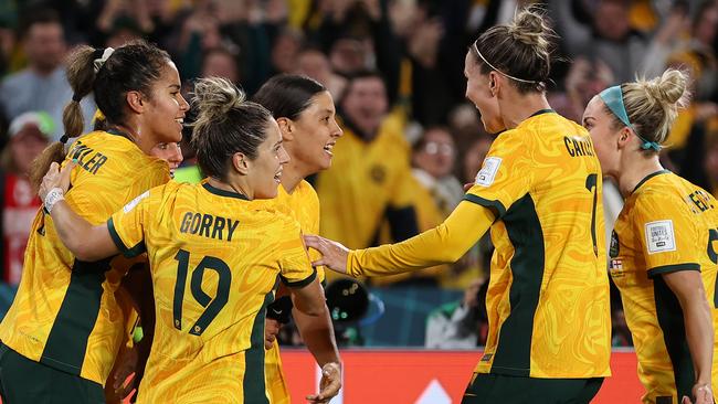 Sam Kerr celebrates her goal against England with her Matildas teammates. Picture: Getty Images