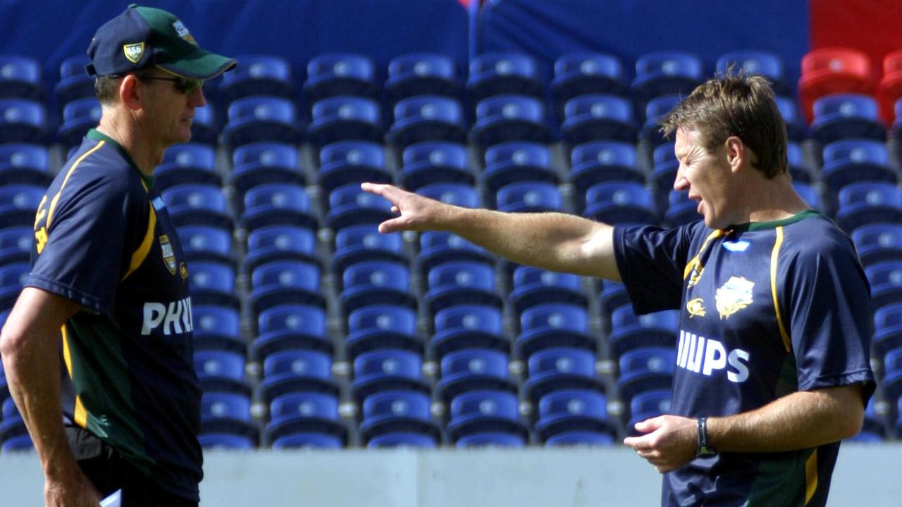 Wayne Bennett and Craig Bellamy working together with the Kangaroos in 2004. Picture: Liam Driver