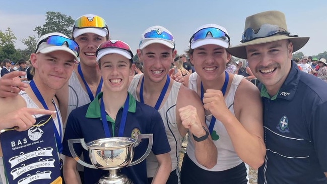 The winning St Patrick's crew from last year. Nedd Bennett, Angus Murfett, Jarvis McLean, Paddy O'Brien, Henry Reinehr and coach David O'Doherty. The school is looking for back-to-back titles. Picture: Shane Jones.