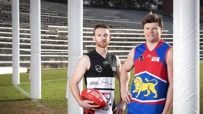 SFL, New Norfolk Eagles Jacob Wigg and Huonville Lions James McIndoe at North Hobart. Picture Chris Kidd