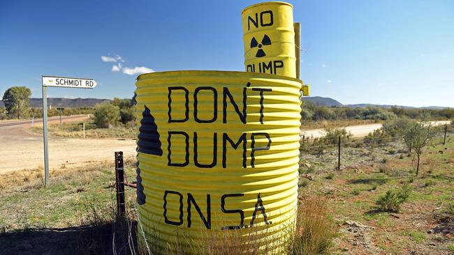 An anti-nuclear message near Quorn, as some residents fight the proposal to build a nuclear waste repository in SA. Picture: Tom Huntley